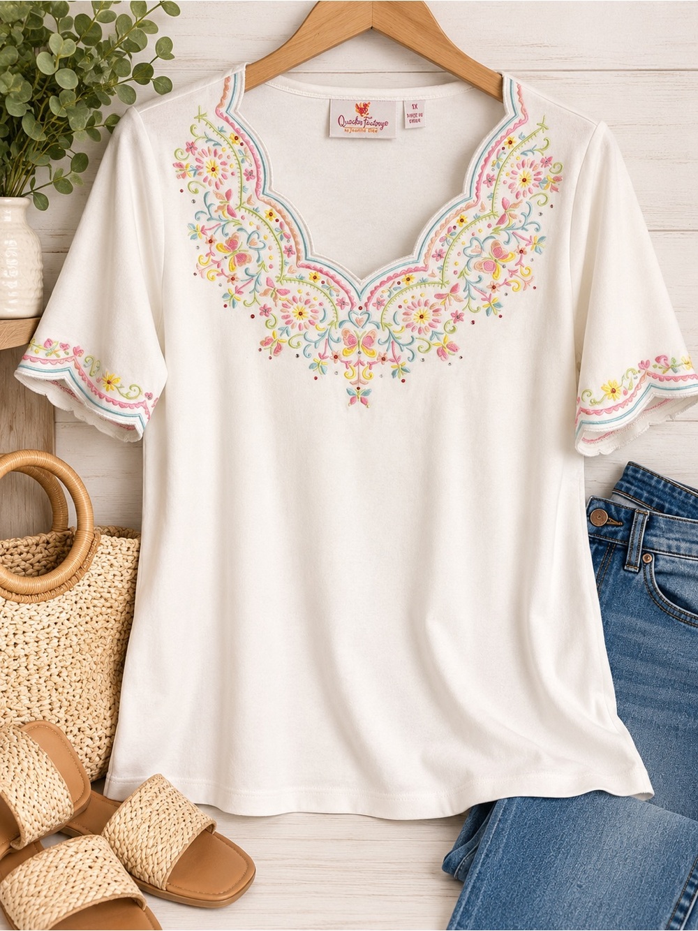Quacker Factory White Short-Sleeve V-Neck Top with Pastel Floral Embroidery